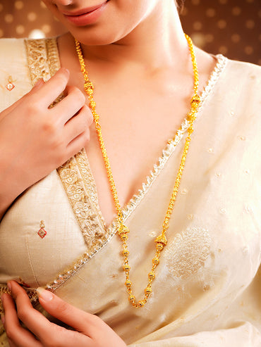 Gold Plated Textured Bead Long Chain Necklace