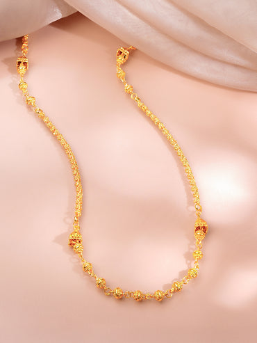 Gold Plated Textured Bead Long Chain Necklace