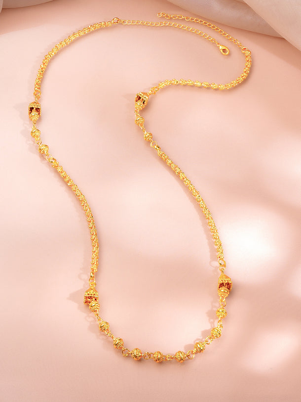 Gold Plated Textured Bead Long Chain Necklace