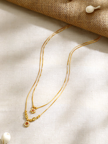 Gold Plated Twin Layer Blossom Ruby Zirconia Bead Chain Necklace