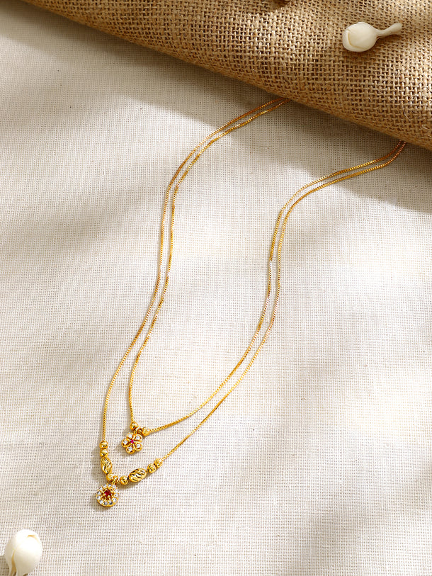 Gold Plated Twin Layer Blossom Ruby Zirconia Bead Chain Necklace