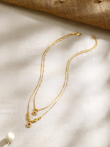Gold Plated Twin Layer Blossom Ruby Zirconia Bead Chain Necklace