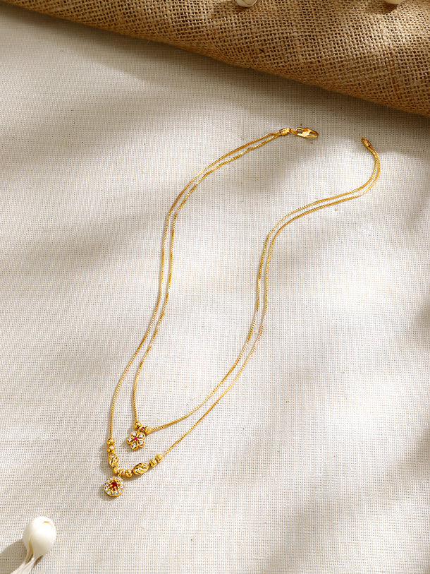 Gold Plated Twin Layer Blossom Ruby Zirconia Bead Chain Necklace