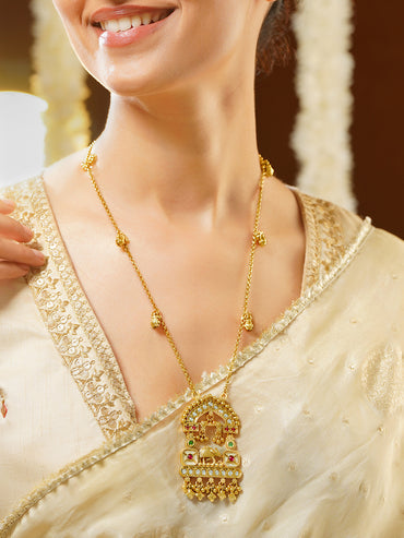 Gold Plated Royal Elephant Arch Pendant Kundan Ghungroo Long Necklace