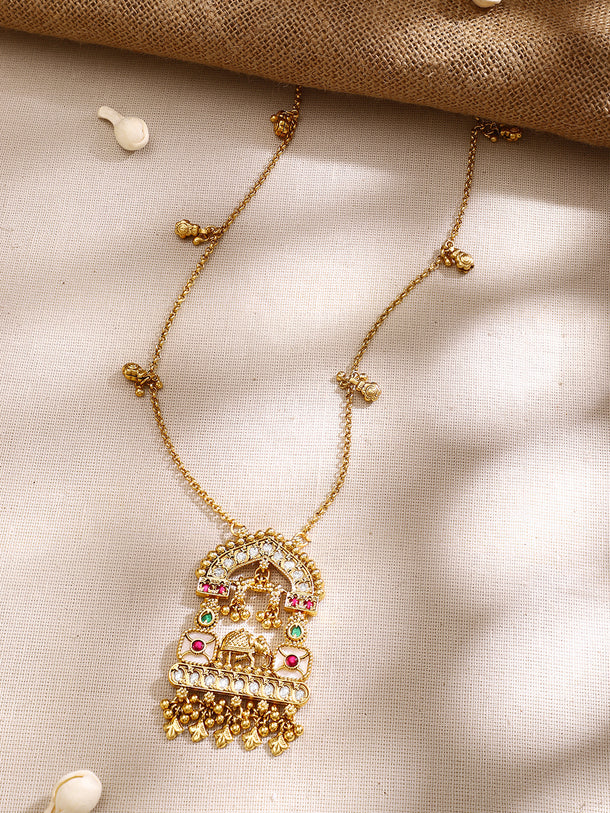 Gold Plated Royal Elephant Arch Pendant Kundan Ghungroo Long Necklace