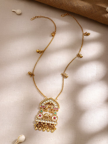 Gold Plated Royal Elephant Arch Pendant Kundan Ghungroo Long Necklace