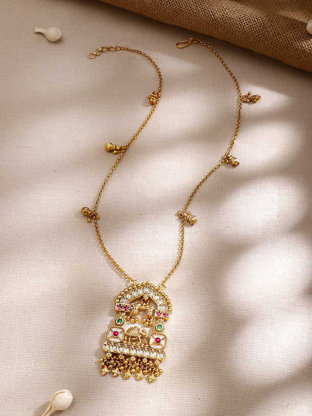 Gold Plated Royal Elephant Arch Pendant Kundan Ghungroo Long Necklace