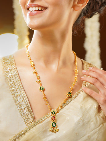 Gold Plated Floral Enamel Ruby Emerald Ghungroo Long Necklace
