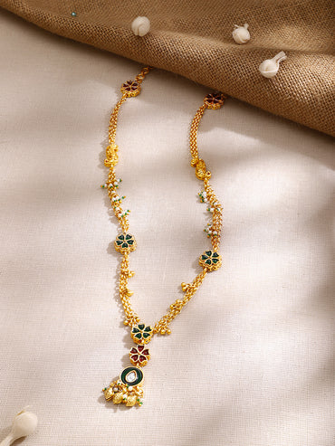 Gold Plated Floral Enamel Ruby Emerald Ghungroo Long Necklace