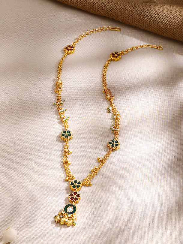 Gold Plated Floral Enamel Ruby Emerald Ghungroo Long Necklace