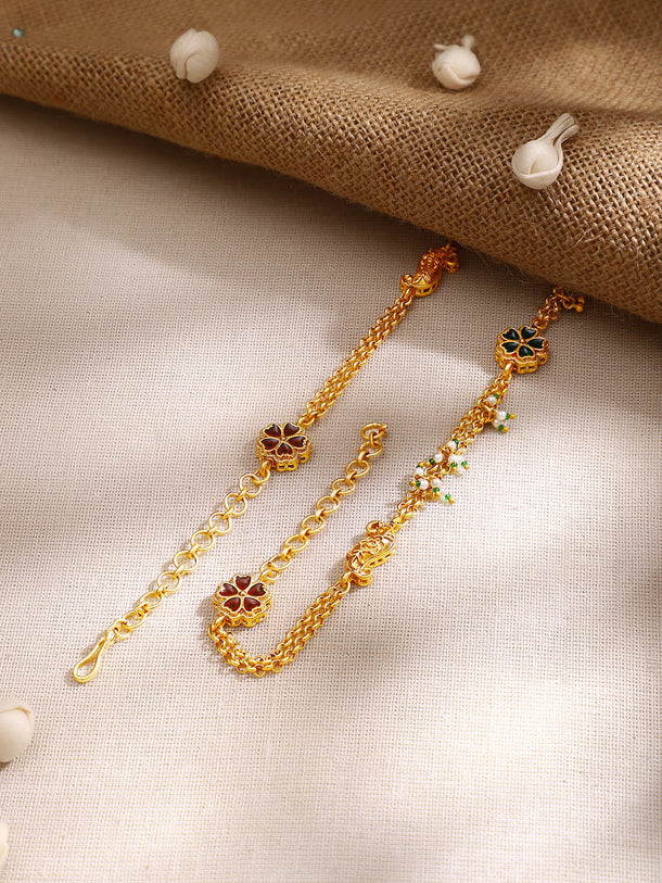 Gold Plated Floral Enamel Ruby Emerald Ghungroo Long Necklace