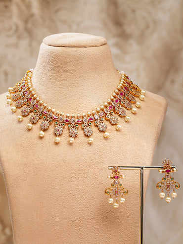 Rubans 22K Gold Plated Ruby Pink, Emerald & Cubic Zirconia Studded Floral Jewellery Set