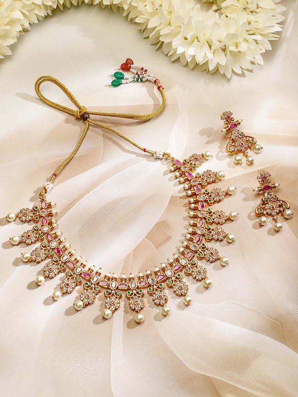 Rubans 22K Gold Plated Ruby Pink, Emerald & Cubic Zirconia Studded Floral Jewellery Set
