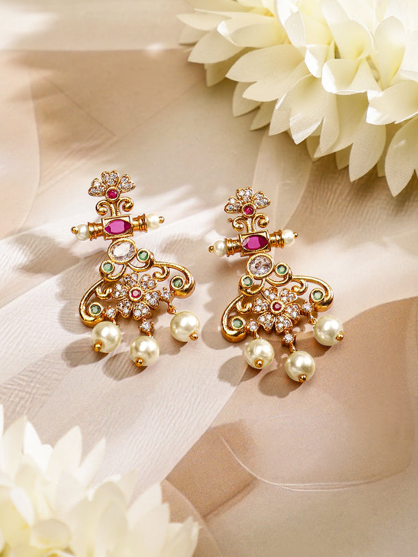 Rubans 22K Gold Plated Ruby Pink, Emerald & Cubic Zirconia Studded Floral Jewellery Set