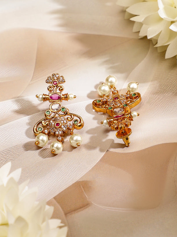 Rubans 22K Gold Plated Ruby Pink, Emerald & Cubic Zirconia Studded Floral Jewellery Set