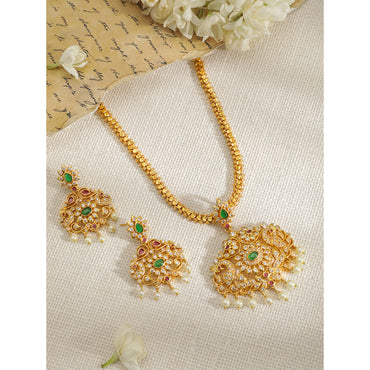 Rubans Women Gold-Plated Emerald Green & Cubic Zirconia Stone Studded Temple Jewellery Set