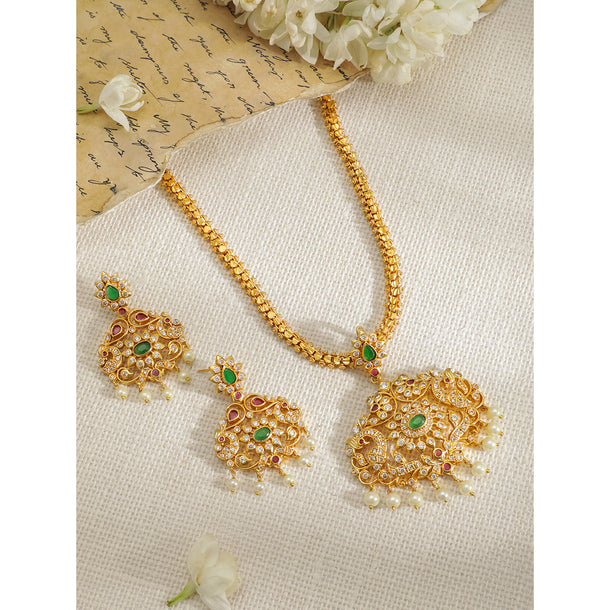 Rubans Women Gold-Plated Emerald Green & Cubic Zirconia Stone Studded Temple Jewellery Set