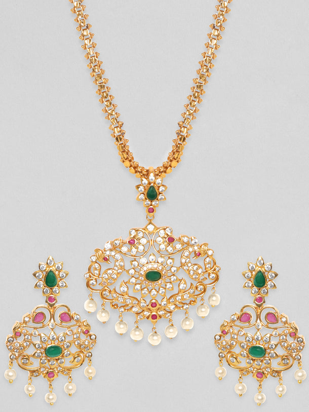Rubans Women Gold-Plated Emerald Green & Cubic Zirconia Stone Studded Temple Jewellery Set