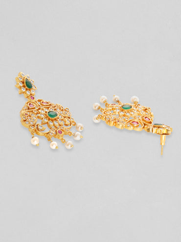 Rubans Women Gold-Plated Emerald Green & Cubic Zirconia Stone Studded Temple Jewellery Set