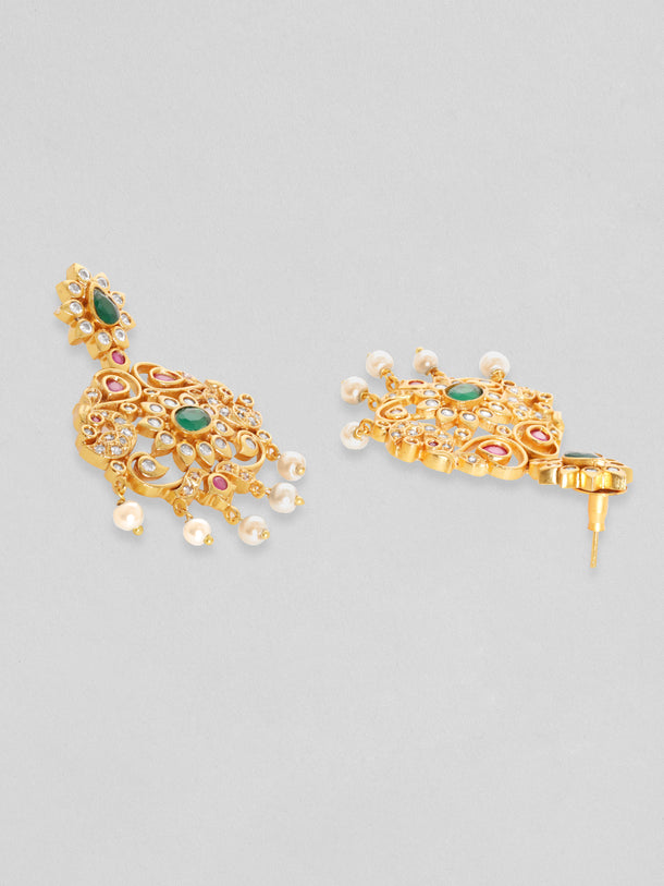 Rubans Women Gold-Plated Emerald Green & Cubic Zirconia Stone Studded Temple Jewellery Set