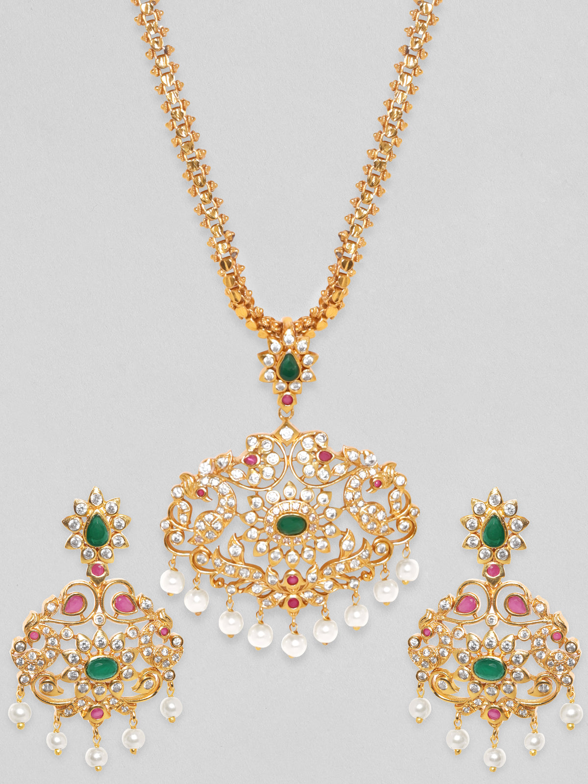 Rubans Women Gold-Plated Emerald Green & Cubic Zirconia Stone Studded Temple Jewellery Set