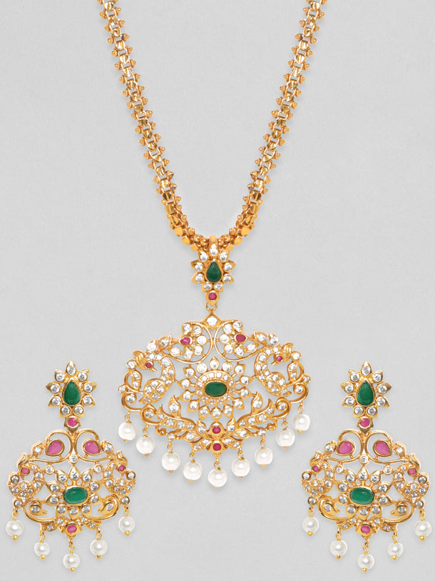 Rubans Women Gold-Plated Emerald Green & Cubic Zirconia Stone Studded Temple Jewellery Set