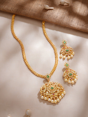 Rubans Women Gold-Plated Emerald Green & Cubic Zirconia Stone Studded Temple Jewellery Set