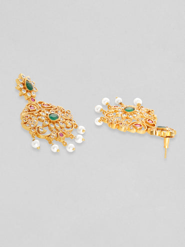 Rubans Women Gold-Plated Emerald Green & Cubic Zirconia Stone Studded Temple Jewellery Set