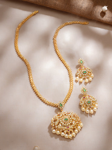 Rubans Women Gold-Plated Emerald Green & Cubic Zirconia Stone Studded Temple Jewellery Set