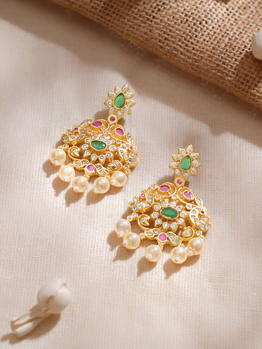 Rubans Women Gold-Plated Emerald Green & Cubic Zirconia Stone Studded Temple Jewellery Set