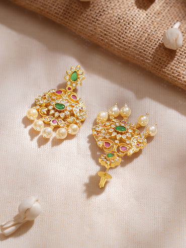 Rubans Women Gold-Plated Emerald Green & Cubic Zirconia Stone Studded Temple Jewellery Set