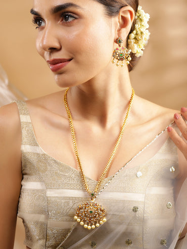 Rubans Women Gold-Plated Emerald Green & Cubic Zirconia Stone Studded Temple Jewellery Set