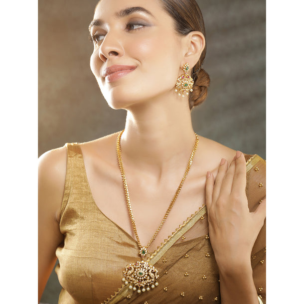 Rubans Women Gold-Plated Emerald Green & Cubic Zirconia Stone Studded Temple Jewellery Set