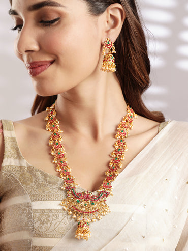 Rubans 22K Gold-Plated Long Jewellery Set with Ruby Red & Emerald Green and Pearl Beads