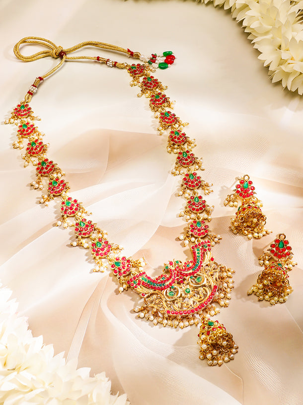 Rubans 22K Gold-Plated Long Jewellery Set with Ruby Red & Emerald Green and Pearl Beads
