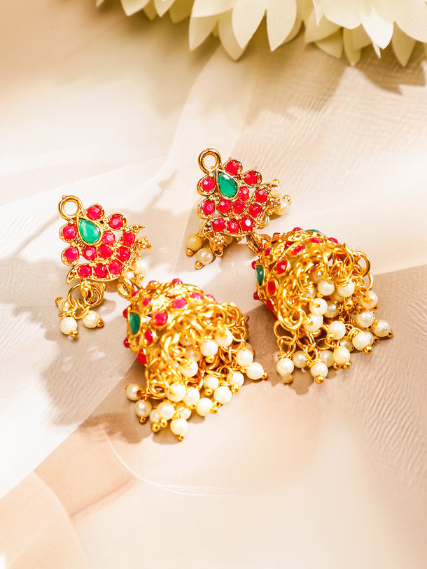 Rubans 22K Gold-Plated Long Jewellery Set with Ruby Red & Emerald Green and Pearl Beads