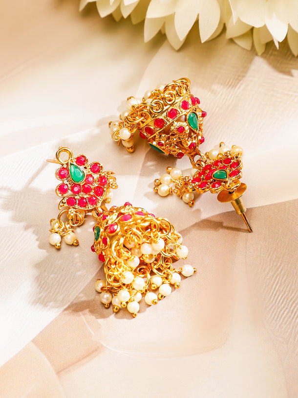 Rubans 22K Gold-Plated Long Jewellery Set with Ruby Red & Emerald Green and Pearl Beads