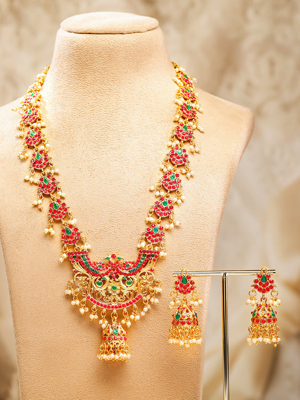 Rubans 22K Gold-Plated Long Jewellery Set with Ruby Red & Emerald Green and Pearl Beads