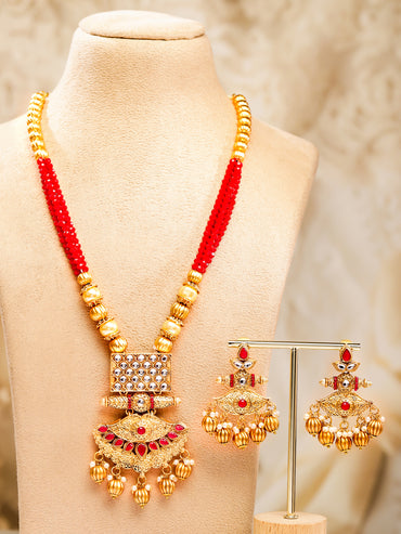 Rubans 22K Gold-Plated Kundan Jewellery Set with Ruby Red Beaded Multistrand & Golden Bead