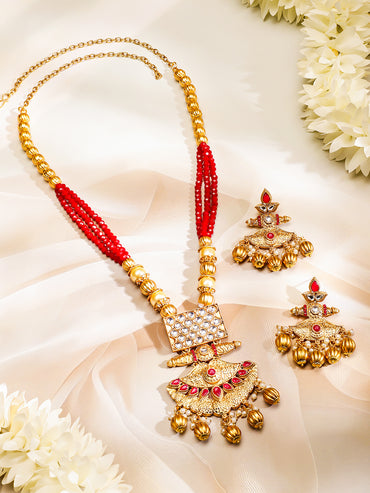 Rubans 22K Gold-Plated Kundan Jewellery Set with Ruby Red Beaded Multistrand & Golden Bead