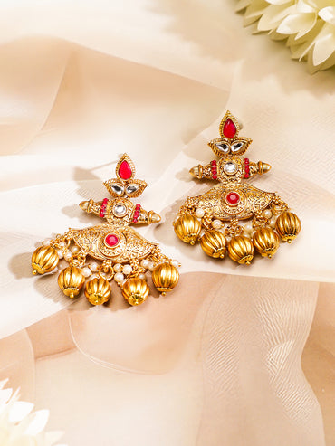 Rubans 22K Gold-Plated Kundan Jewellery Set with Ruby Red Beaded Multistrand & Golden Bead