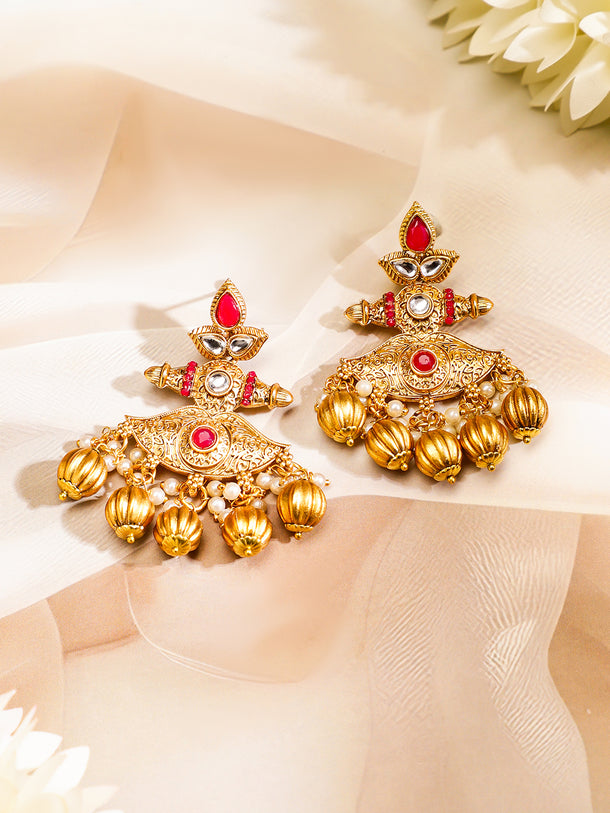 Rubans 22K Gold-Plated Kundan Jewellery Set with Ruby Red Beaded Multistrand & Golden Bead