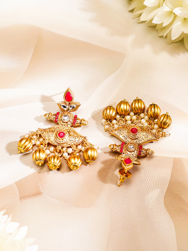 Rubans 22K Gold-Plated Kundan Jewellery Set with Ruby Red Beaded Multistrand & Golden Bead