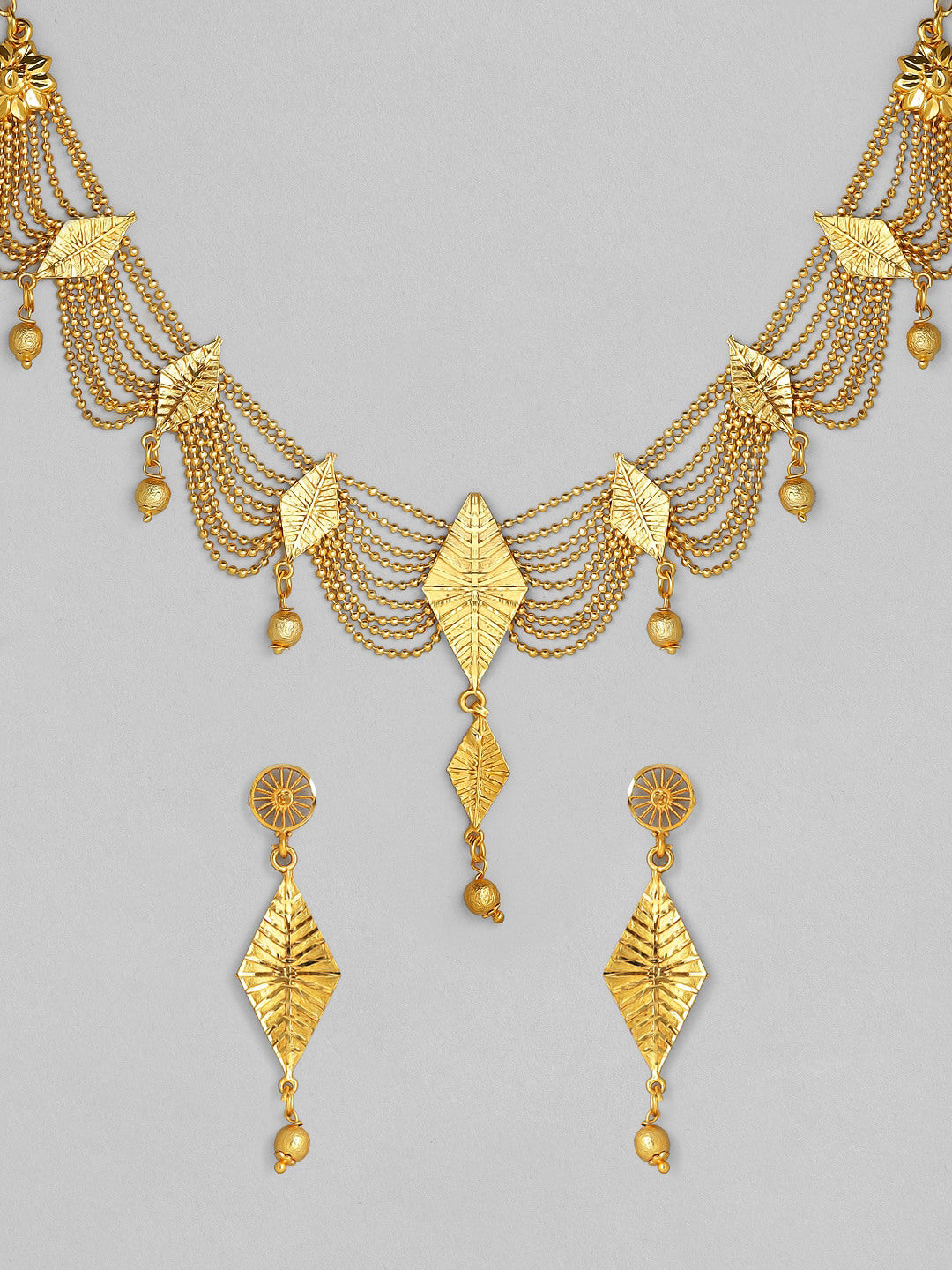 Rubans 22K Gold-Plated Multi-Strand Necklace Set with Leaf Motifs and Matching Drop Earrings for Womens & Girls