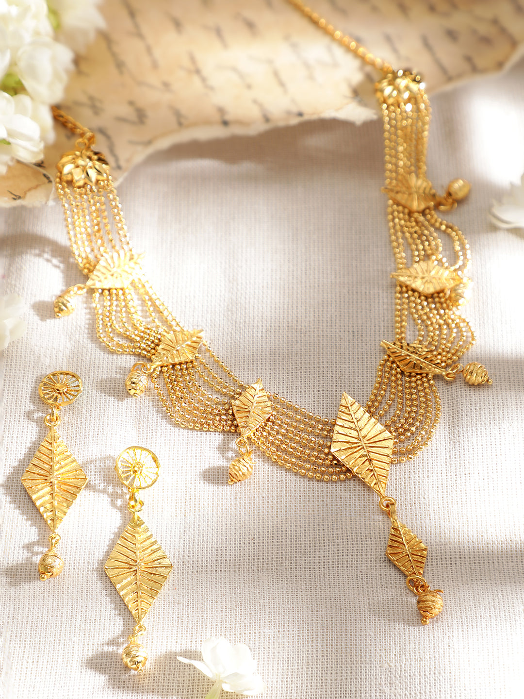 Rubans 22K Gold-Plated Multi-Strand Necklace Set with Leaf Motifs and Matching Drop Earrings for Womens & Girls