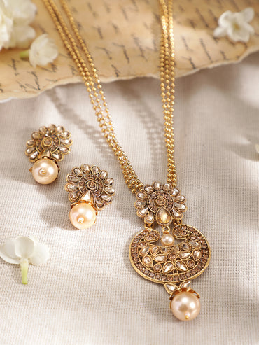 Rubans 22K Gold Plated Handcrafted Kundan Stone Pendant Set