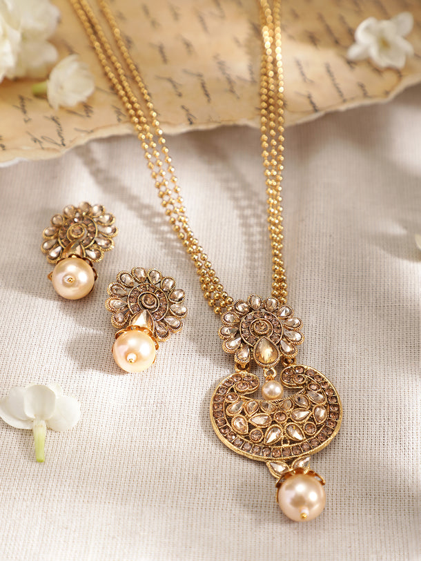 Rubans 22K Gold Plated Handcrafted Kundan Stone Pendant Set