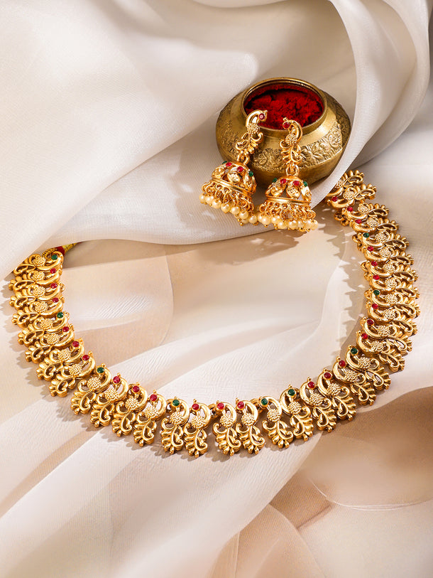 Rubans 22K Gold-Plated Ruby Red & Emerald Green Stone Studded Brass Necklace Jewellery Set