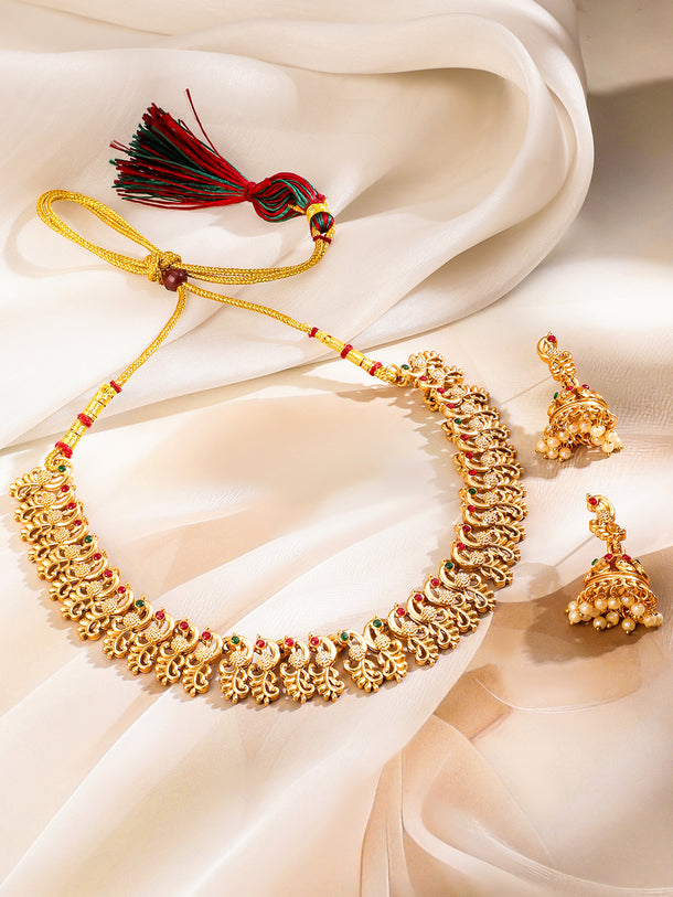 Rubans 22K Gold-Plated Ruby Red & Emerald Green Stone Studded Brass Necklace Jewellery Set