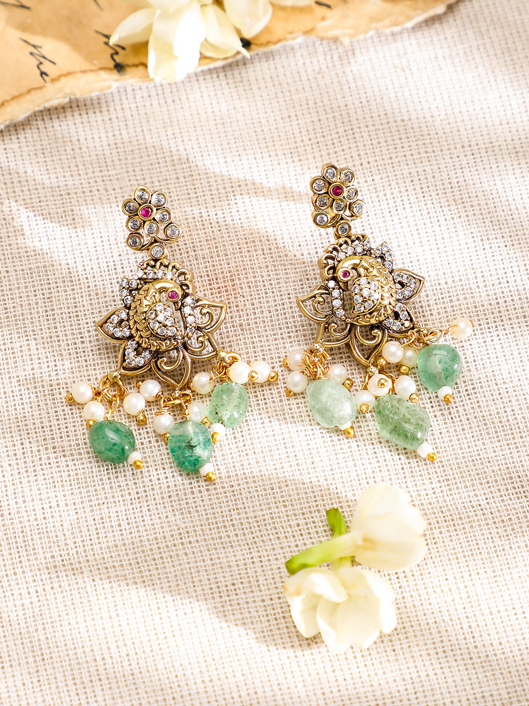 American Diamond Zirconia Green Beads Necklace Set